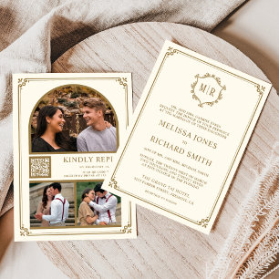 Invitation Monogramme QR Code Photo Collage Cream Gold Mariag
