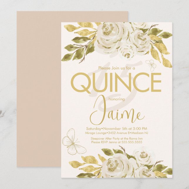 Invitation Monogramme Quince ivoire Rose rose Florales (Devant / Derrière)