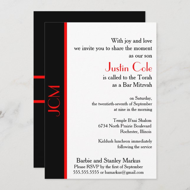 Invitation Monogramme Red Black Bar Mitzvah en blanc (Devant / Derrière)