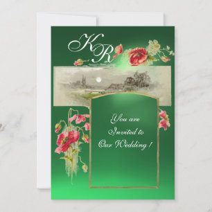 Invitation MONOGRAMME ROMANTİC / POPIES, rouge, jade verte
