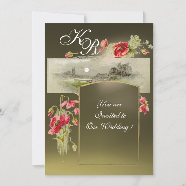 Invitation MONOGRAMME ROMANTİC /POPPIES, rouge, gris vert aga (Devant)