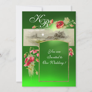 Invitation MONOGRAMME ROMANTİQUE / COQUELİCOTS, rouge, vert é