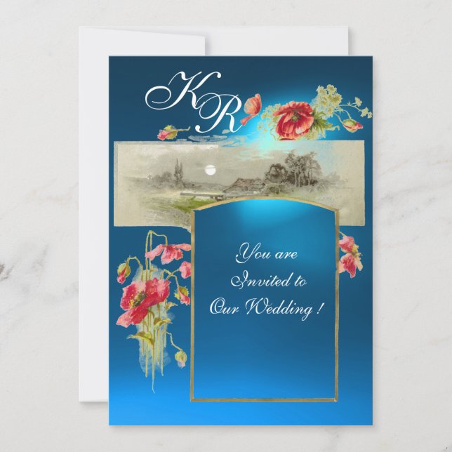 Invitation MONOGRAMME ROMANTİQUE / COQUELICOTS, rouge, vert s (Devant)