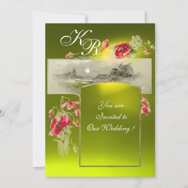 Invitation MONOGRAMME ROMANTİQUE / COQUELICOTS,rouge,vert,top (Devant)