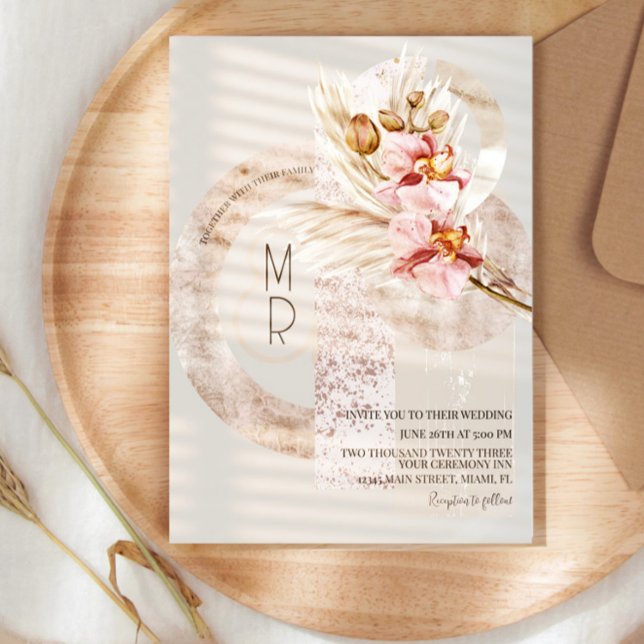 Invitation Monogramme rose beige de Bohême Pampas Mariage B (Créateur téléchargé)
