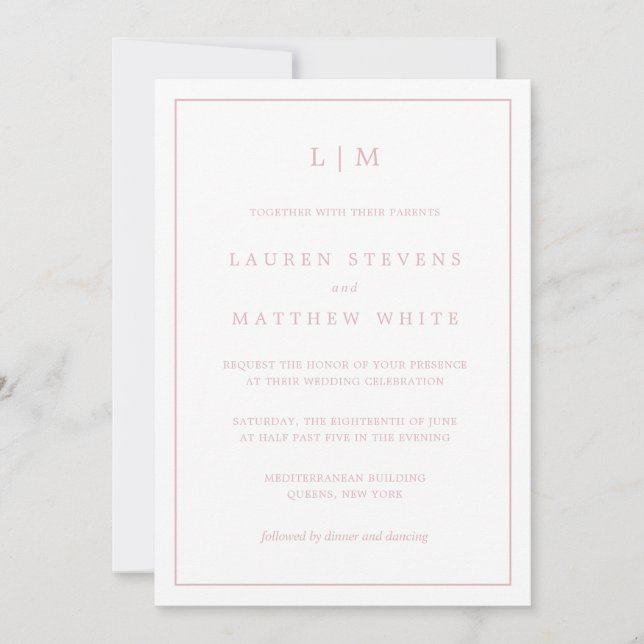 Invitation Monogramme rose clair simple Mariage élégant (Devant)
