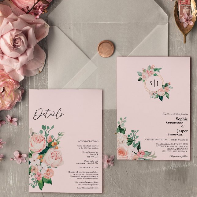 Invitation Monogramme rose Floral Blush en un seul Mariage (Créateur téléchargé)