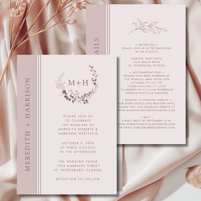 Invitation Monogramme rose Gold Blush tout en un Mariage (Rose Gold Blush Monogram Wreath All in One with Details Wedding Invitation)