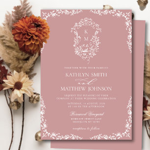 Invitation Monogramme rose pâle Floral Vintage Crest Mariage