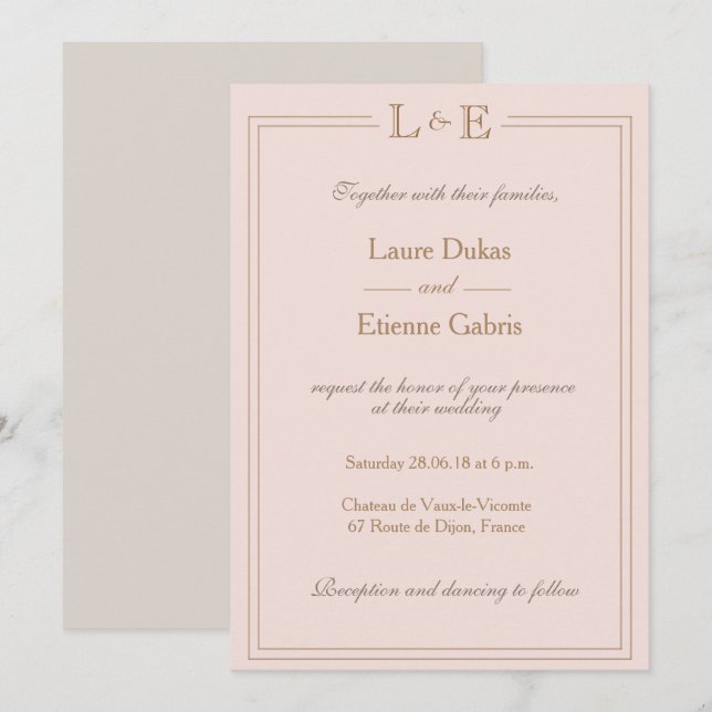 Invitation Monogramme rose rose rose gris mariage moderne (Devant / Derrière)