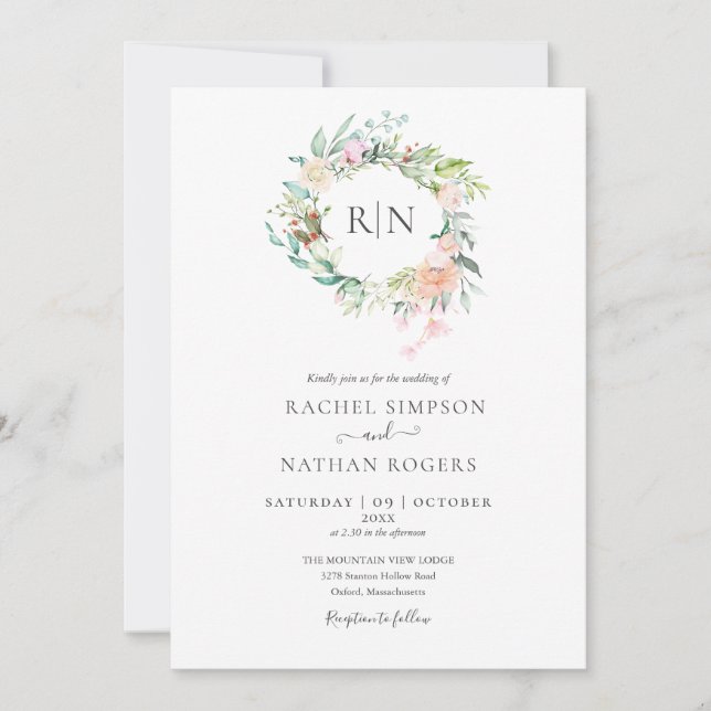 Invitation Monogramme Rose verdure Mariage floral (Devant)