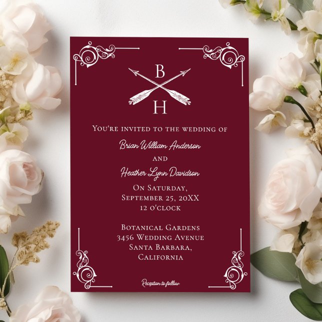 Invitation Monogramme rouge et Mariage des flèches (Wine Red Monogram and Arrows Wedding Invitation)
