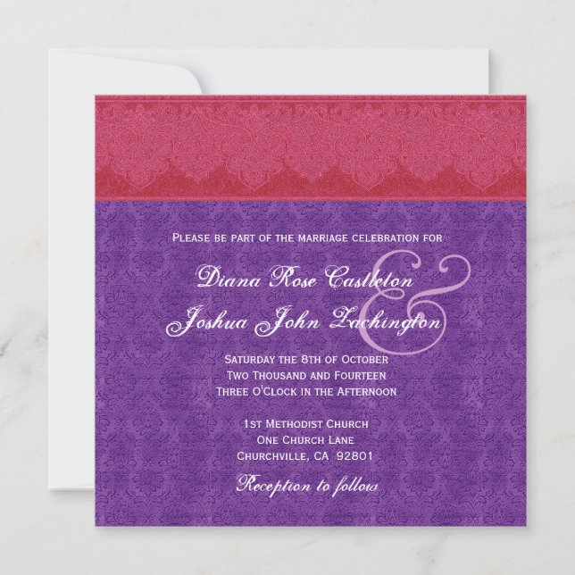 Invitation Monogramme rouge et mauve Damas Mariage V14 (Devant)