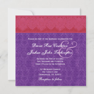 Invitation Monogramme rouge et mauve Damas Mariage V14