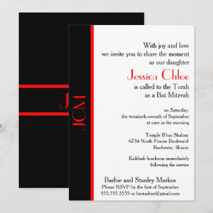 Invitation Monogramme rouge noir Bat Mitzvah sur fond blanc