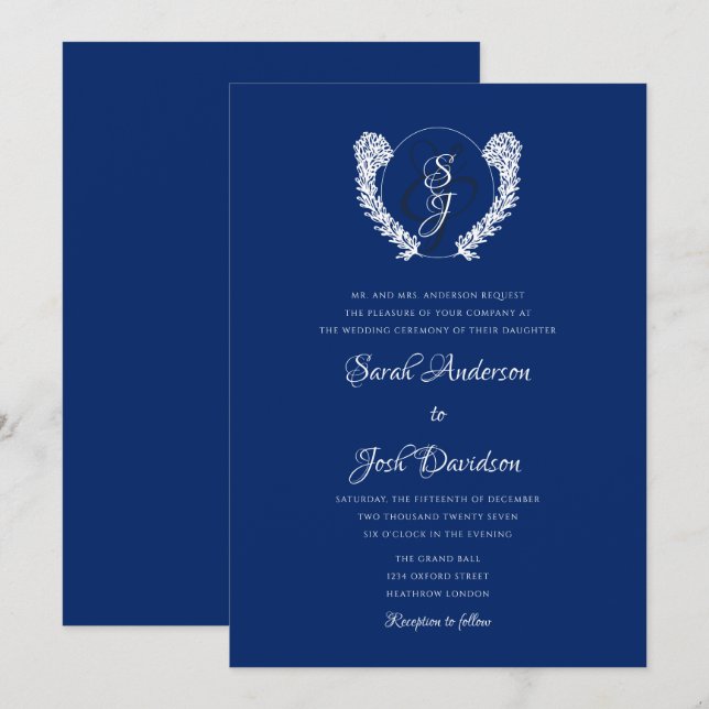 Invitation Monogramme Royal Bleu Mariage élégant (Devant / Derrière)