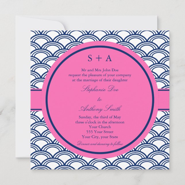 Invitation Monogramme Royal Blue, Mariage rose Seigaiha (Devant)