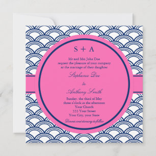 Invitation Monogramme Royal Blue, Mariage rose Seigaiha