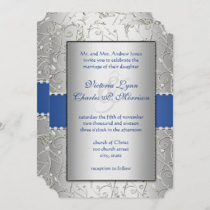 Invitation Monogramme Royal Blue Silver Swirl Mariage