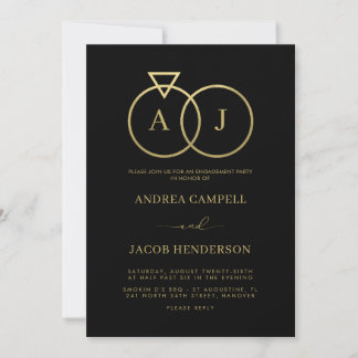 Invitation Monogramme Royal Fête de Fiançailles Noir et Or
