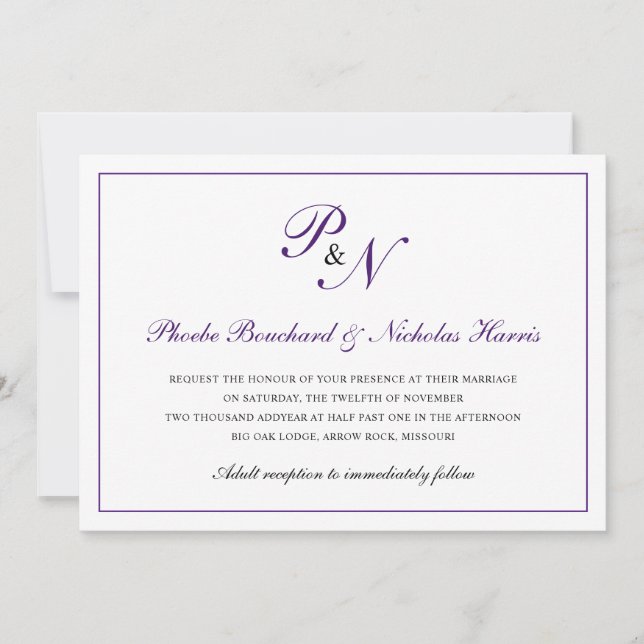 Invitation Monogramme royal violet traditionnel Mariage offic (Devant)