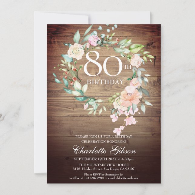 Invitation Monogramme rustique Rose de Garland 80e anniversai (Devant)