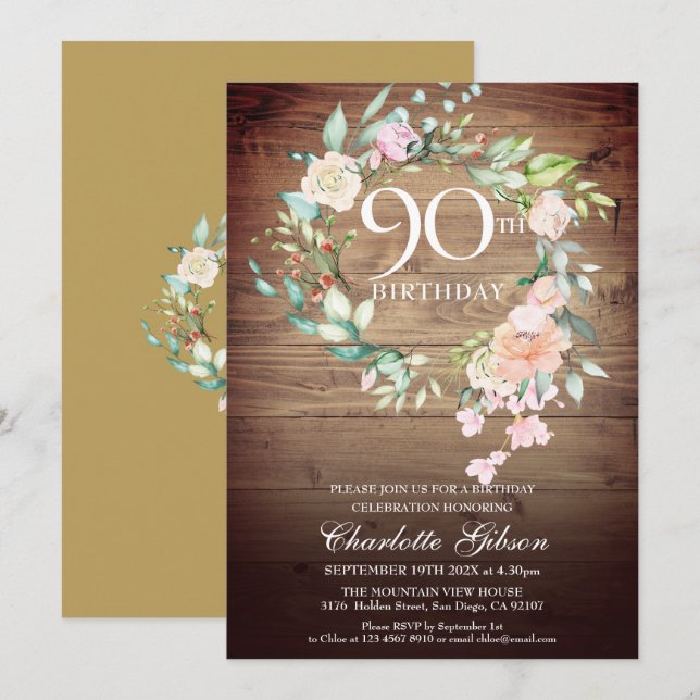 Invitation Monogramme rustique Rose Garland 90e anniversaire (Devant / Derrière)