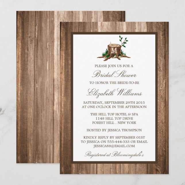 Invitation Monogramme rustique Sur Fête des mariées De Bois (Devant / Derrière)