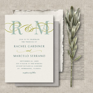 Invitation Monogramme Sage Olive Green QR Code Mariage