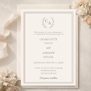 Invitation Monogramme simple couronne taupe ivoire pour maria