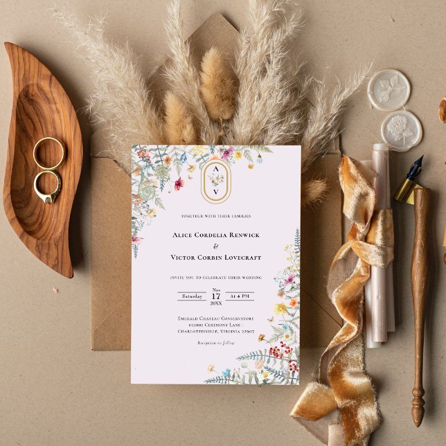 Invitation Monogramme simple Fleur sauvage Fern Lavender Mari (Créateur téléchargé)