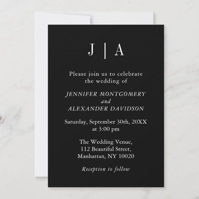 Invitation Monogramme Simple Moderne Nom Couple Noir Et Blanc (Devant)