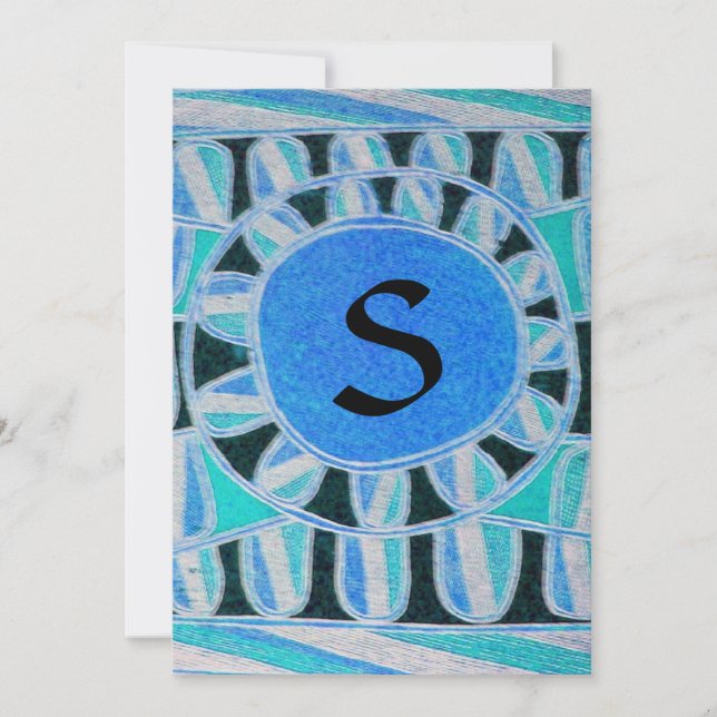 Invitation MONOGRAMME SOLAIRE, bleu clair turquase noir blanc (Devant)