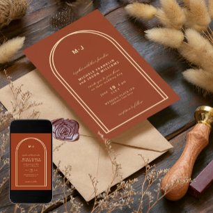 Invitation Monogramme Terracotta Brown Earthy Arch Mariage