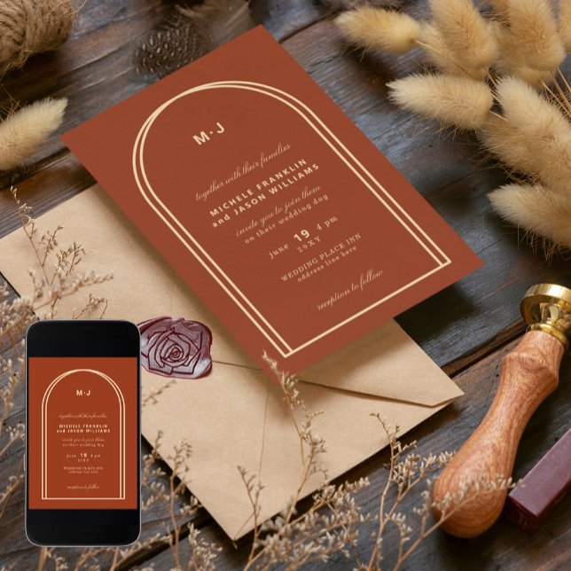 Invitation Monogramme Terracotta Brown Earthy Arch Mariage (Créateur téléchargé)