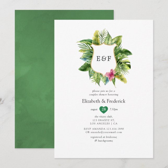 Invitation Monogramme Tropical Summer Beach Couples Douche (Devant / Derrière)