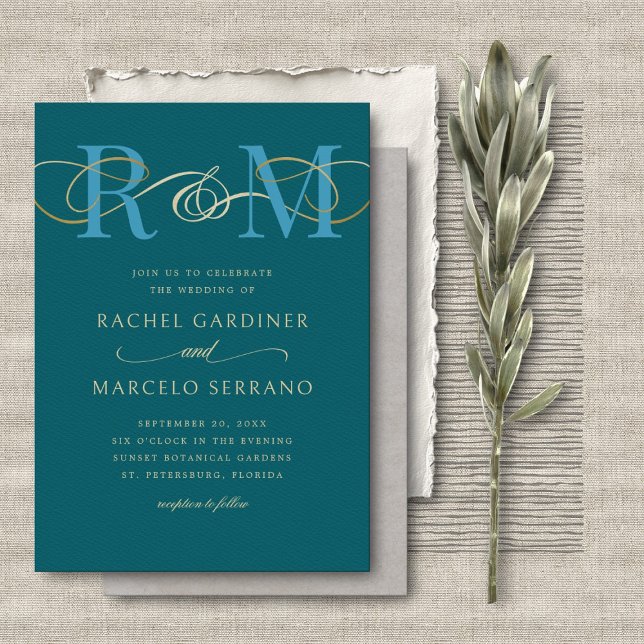 Invitation Monogramme Turquoise Aqua Turquoise QR Code Mariag (Créateur téléchargé)