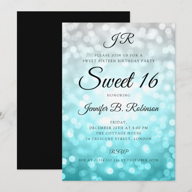Invitation Monogramme Turquoise Ombre Lights Sweet 16 Anniver (Devant / Derrière)