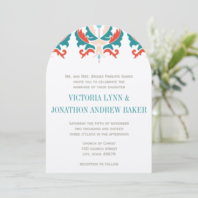 Invitation Monogramme Turquoise Pêche rouge Orange Mariage (Debout devant)