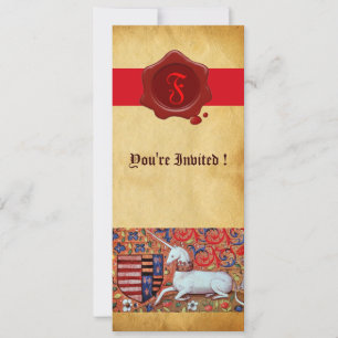 INVITATION MONOGRAMME UNICORN FLORAL PARCHMENT RED WAX SEAL