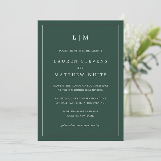 Invitation Monogramme vert forestier Mariage simple (Debout devant)