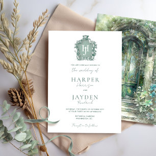 Invitation Monogramme vert intemporel Elegant Mariage d'aquar