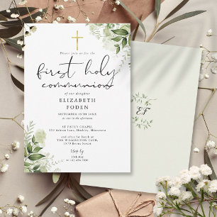 Invitation Monogramme vert rustique Première communion sainte