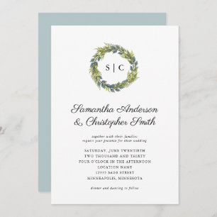 Invitation Monogramme vert Wreath Mariage Turquoise léger