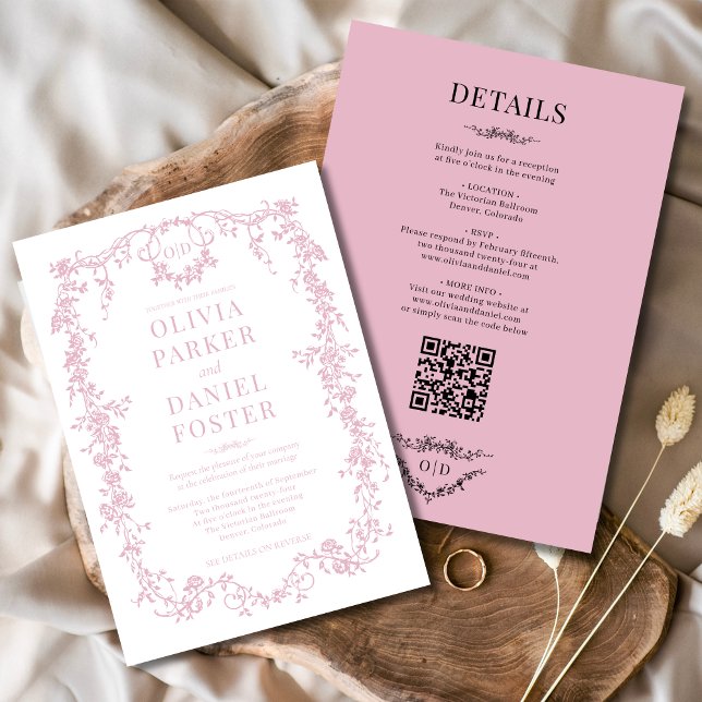 Invitation Monogramme victorien rose vierge tout en un Mariag (Créateur téléchargé)
