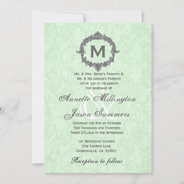 Invitation Monogramme Vintage gris gris céleri vert Mariage (Devant)