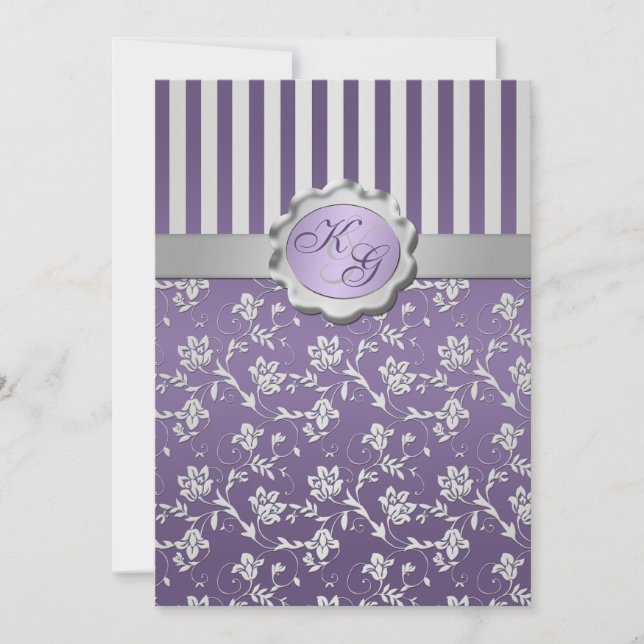 Invitation Monogramme Violet, Gris Floral (Devant)