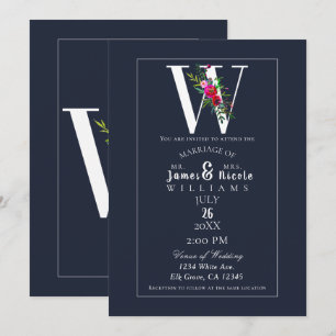 Invitation Monogramme W Dernière Initiale Moderne Fleurs Bleu