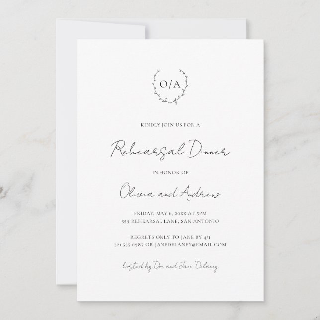 Invitation Monogramme Wreath Classic Élégant Dîner De Répétit (Devant)