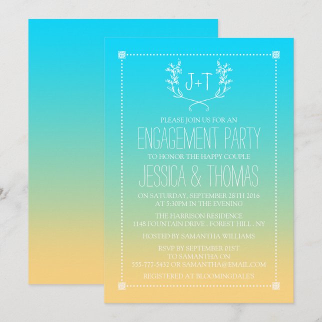 Invitation Monogramme Wreath Ombre Beach (Devant / Derrière)